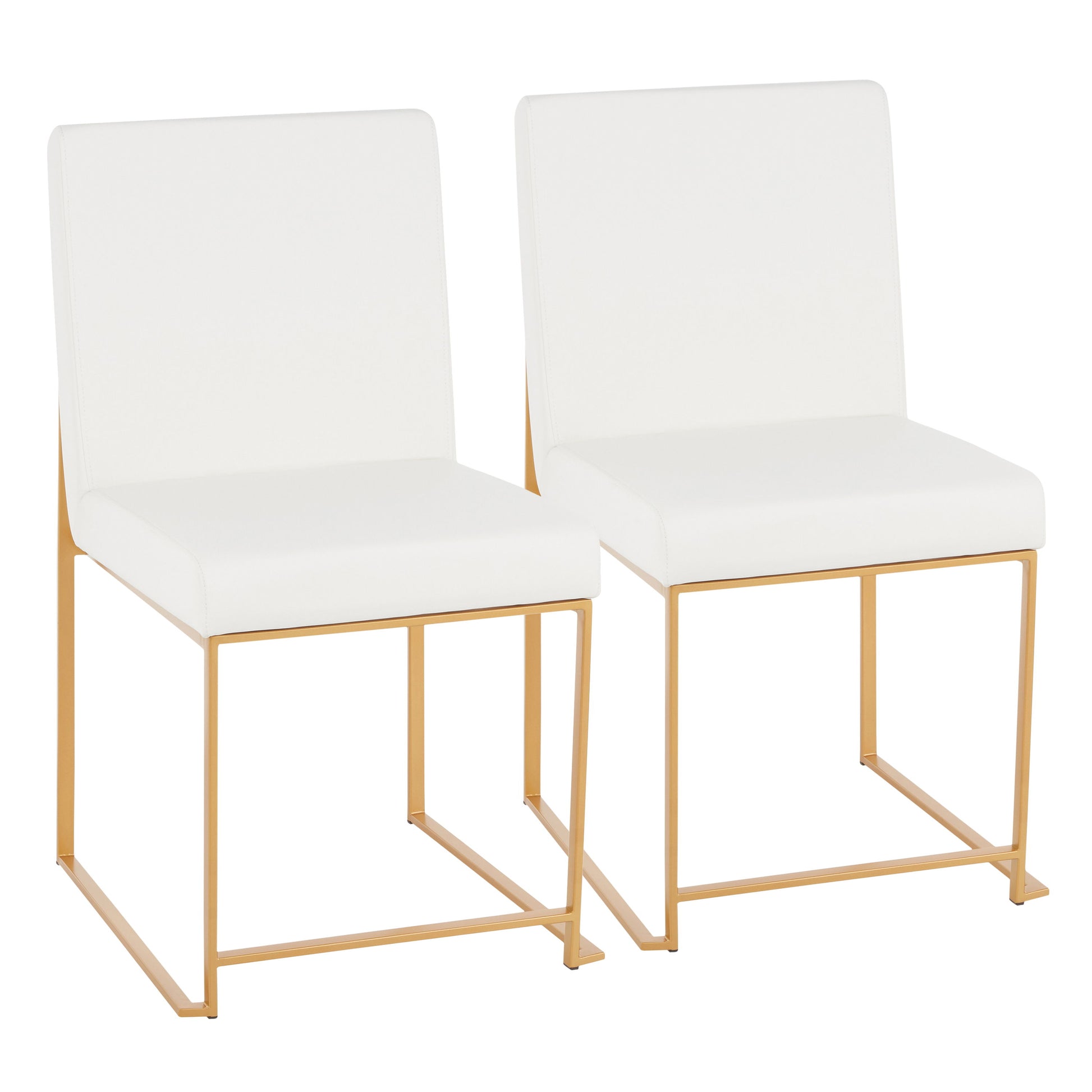 The Fuji set includes two contemporary dining chairs, each with white cushioned seats and backrests, sleek gold metal legs, and a minimalist design. They are pictured side by side against a plain white background.