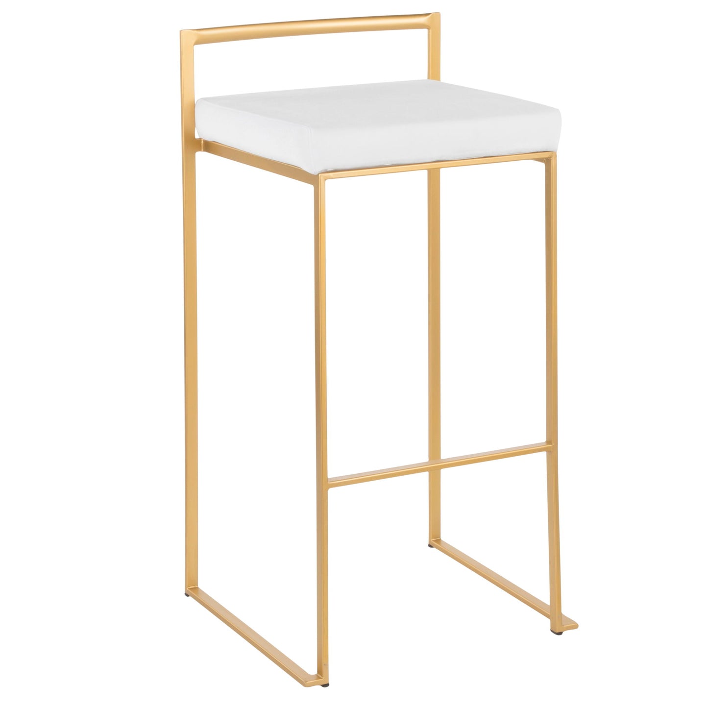 The Fuji Barstool features a minimalist design with a gold metal frame, white cushioned seat, straight lines, and a low backrest—perfect for contemporary or glam spaces seeking quality construction.