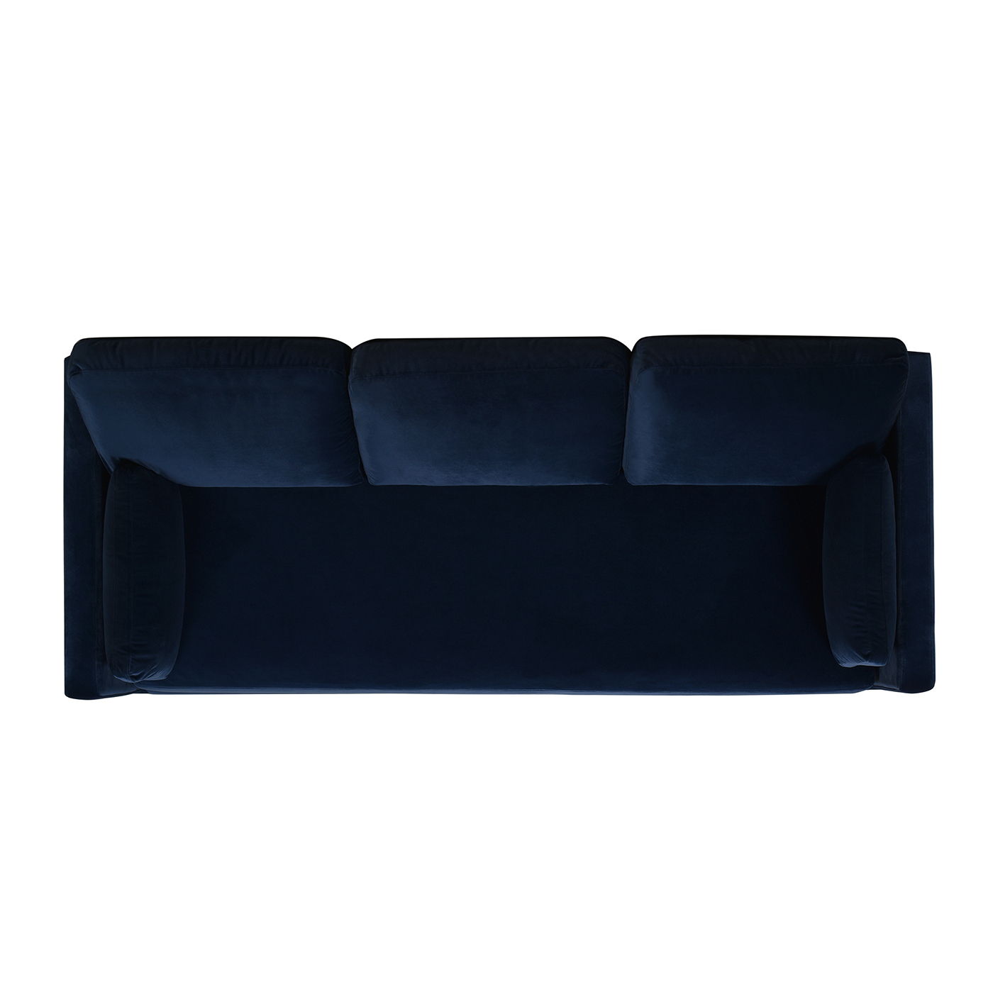 Top-down view of the Knox - Modern Farmhouse Sofa in dark blue, featuring three cushions and two armrests, set against a plain white background.