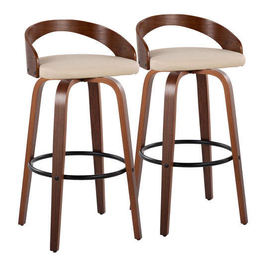 The Grotto Mid Century Modern Fixed Height Barstool & Swivel (Set of 2) features curved wooden backs, light beige cushioned seats, and four wooden legs with a round black metal footrest for a sleek, contemporary look.