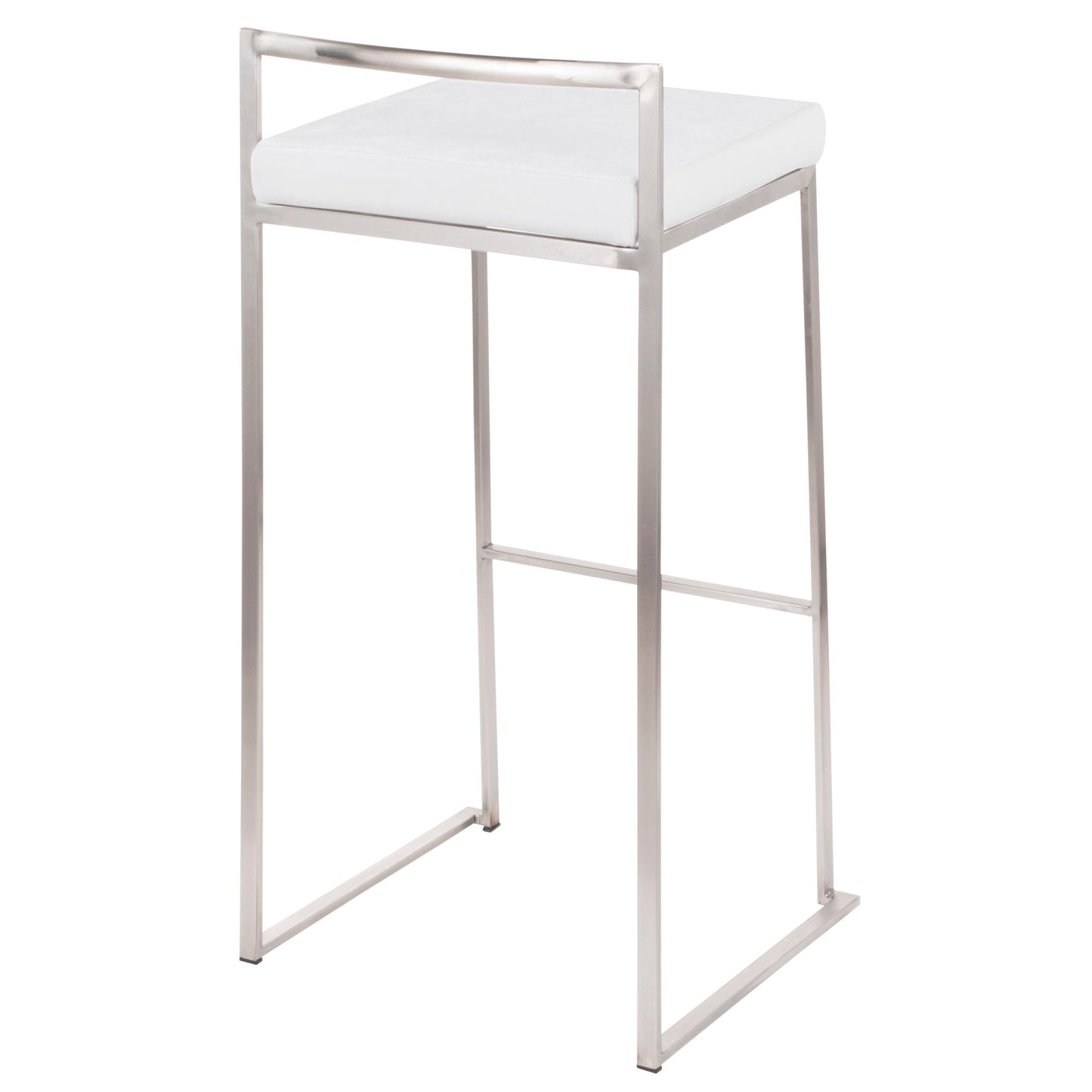 The Fuji - Contemporary And Elegant Design Stackable Barstool features a sleek silver metal frame, a rectangular white cushioned seat, no armrests, and a low horizontal backrest bar for a modern minimalist look.