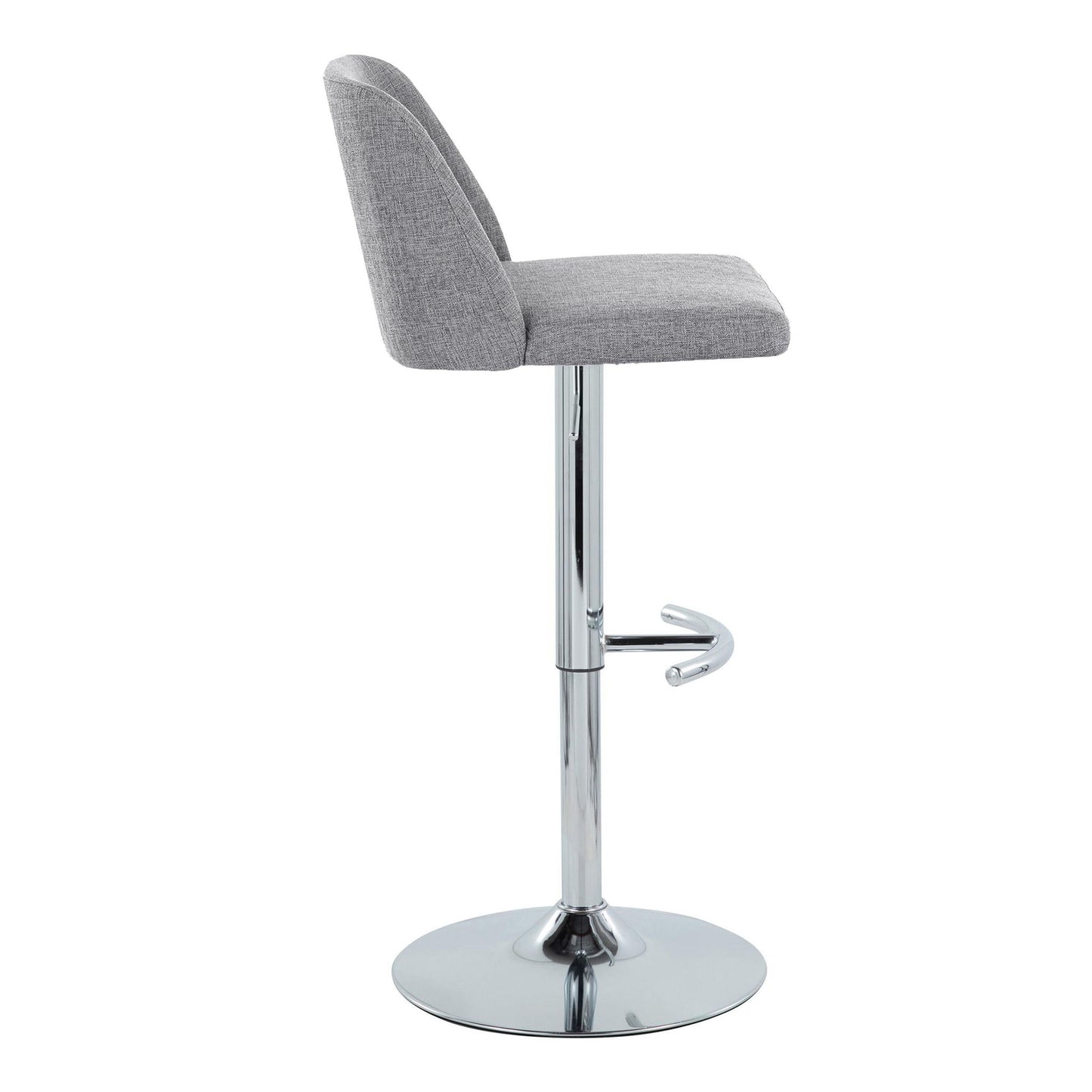 The Toriano Contemporary Adjustable Barstool (Set of 2) features a gray upholstered seat and backrest, chrome pedestal base, swivel function, and a rounded T footrest, shown from the side against a white background.