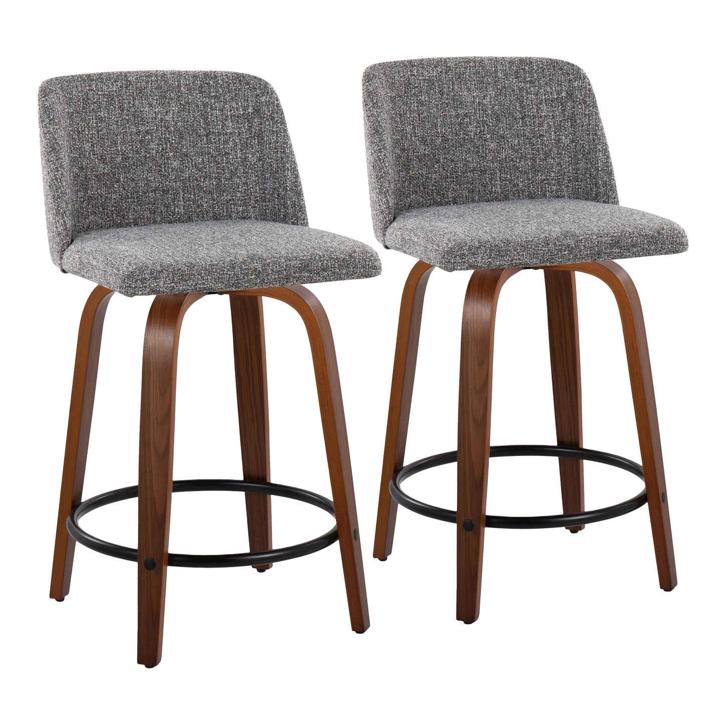 The Toriano set includes two mid-century modern counter stools with gray cushioned seats and curved wooden legs, each featuring a circular black metal footrest for a clean, contemporary design.