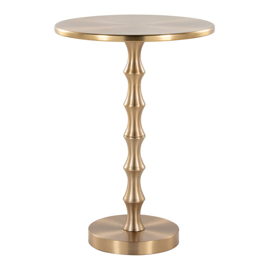 The Bora - Contemporary Table is a small, round side table with a metallic gold finish, featuring a smooth top, spindle-shaped central stem, and circular base.