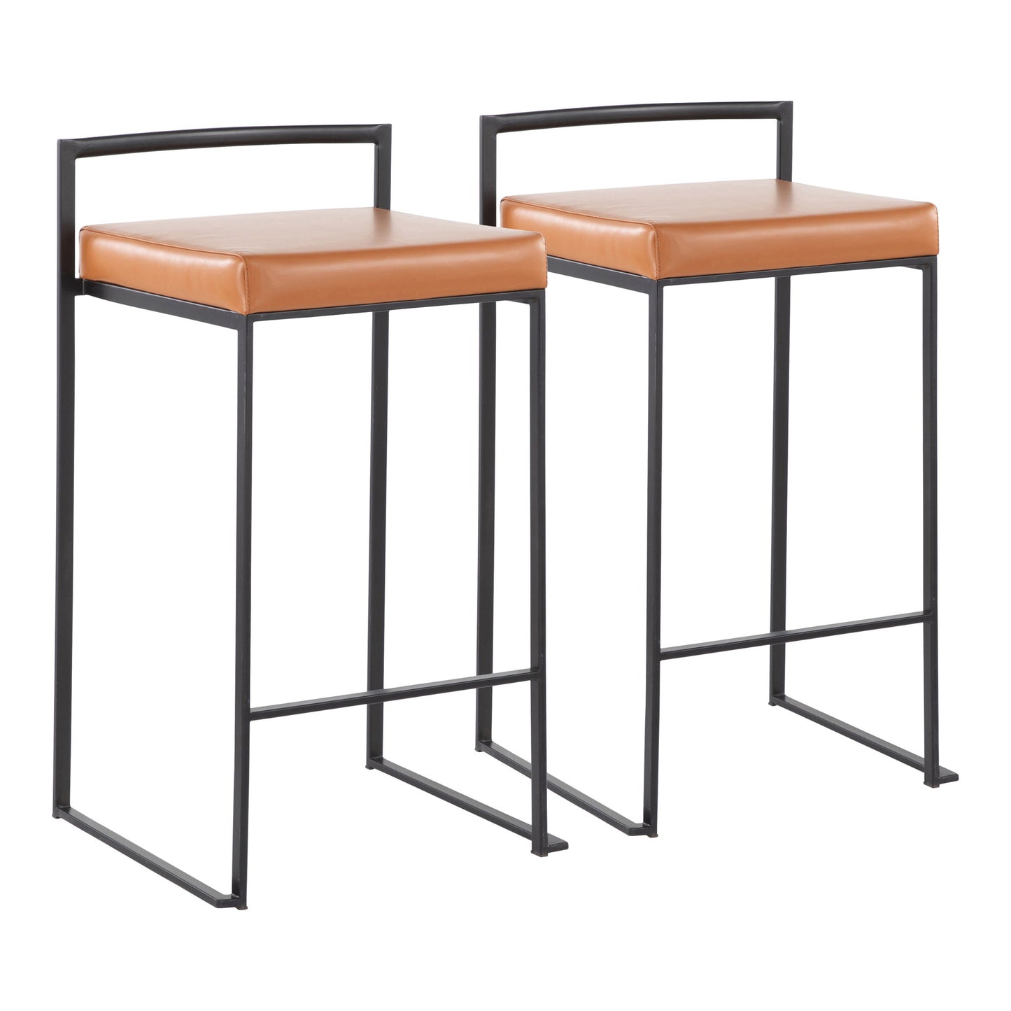 The Fuji Contemporary Style Stackable Counter Stool features a modern minimalist design with a low rectangular backrest, tan cushioned seat, and black metal frame.
