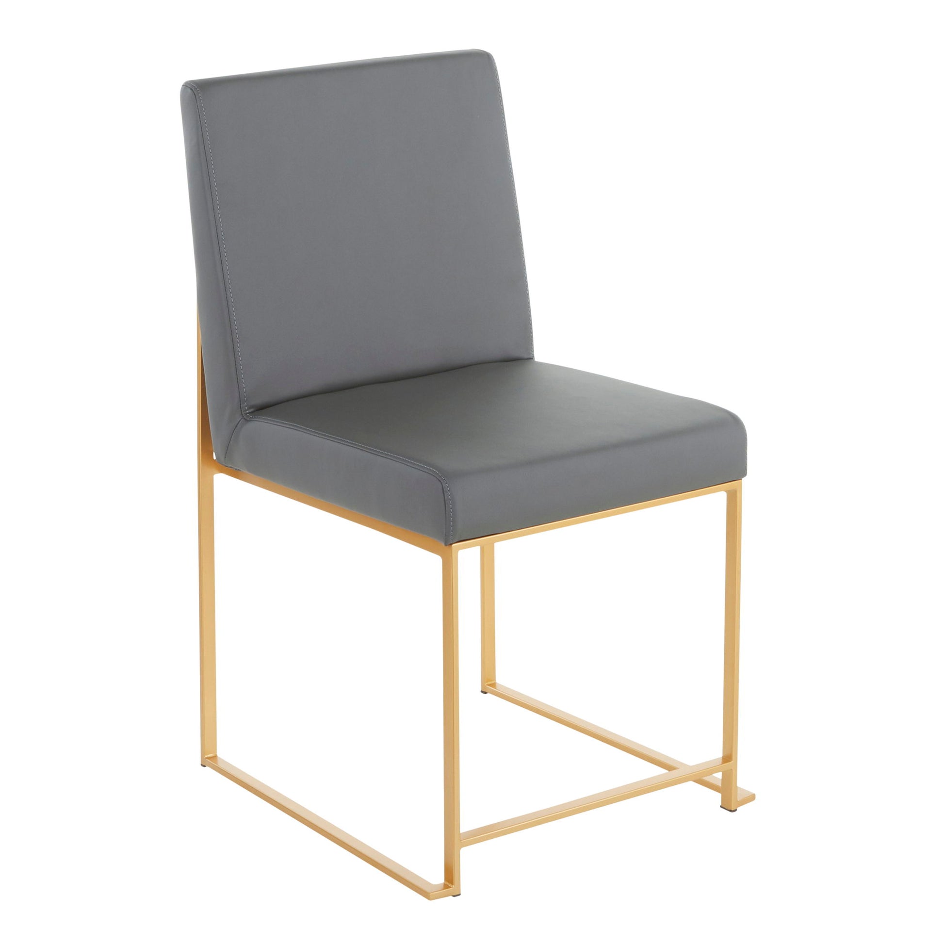 The Fuji High Back Dining Chair (Set of 2) features a contemporary gold metal frame, open sides, and a gray cushioned seat and backrest for modern style.