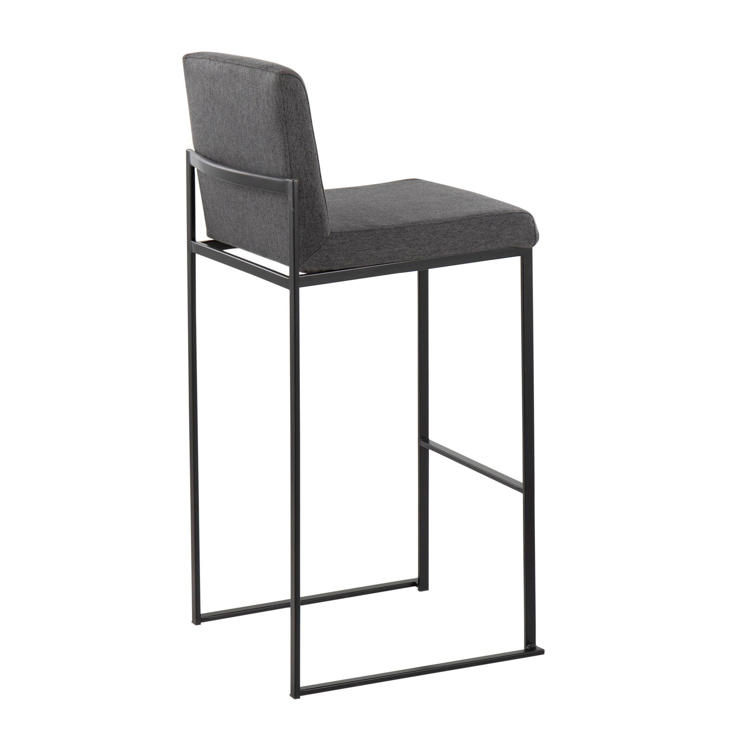 The Fuji - Contemporary High Back Barstool features a sleek black metal frame, rectangular footrest, and padded dark gray fabric seat and backrest, offering elegant, minimalist style for modern spaces.