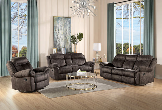 A modern living room featuring the Zubaida Two Tone Velvet 3 Piece Recliner Living Room Set, a round glass coffee table, gray rug, light wood floors, large windows with blue curtains, and a contemporary chandelier.