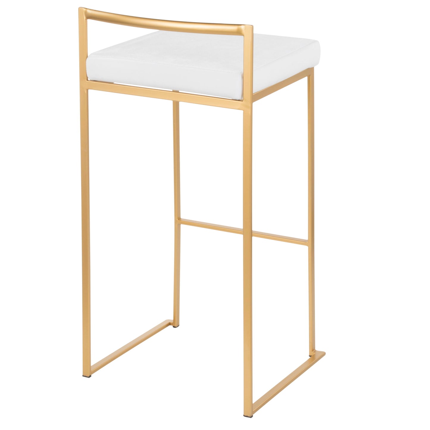 The Fuji barstool features a gold metal frame, minimalist design, white cushioned rectangular seat, slim legs, and a low backrest for contemporary glam style and quality construction.