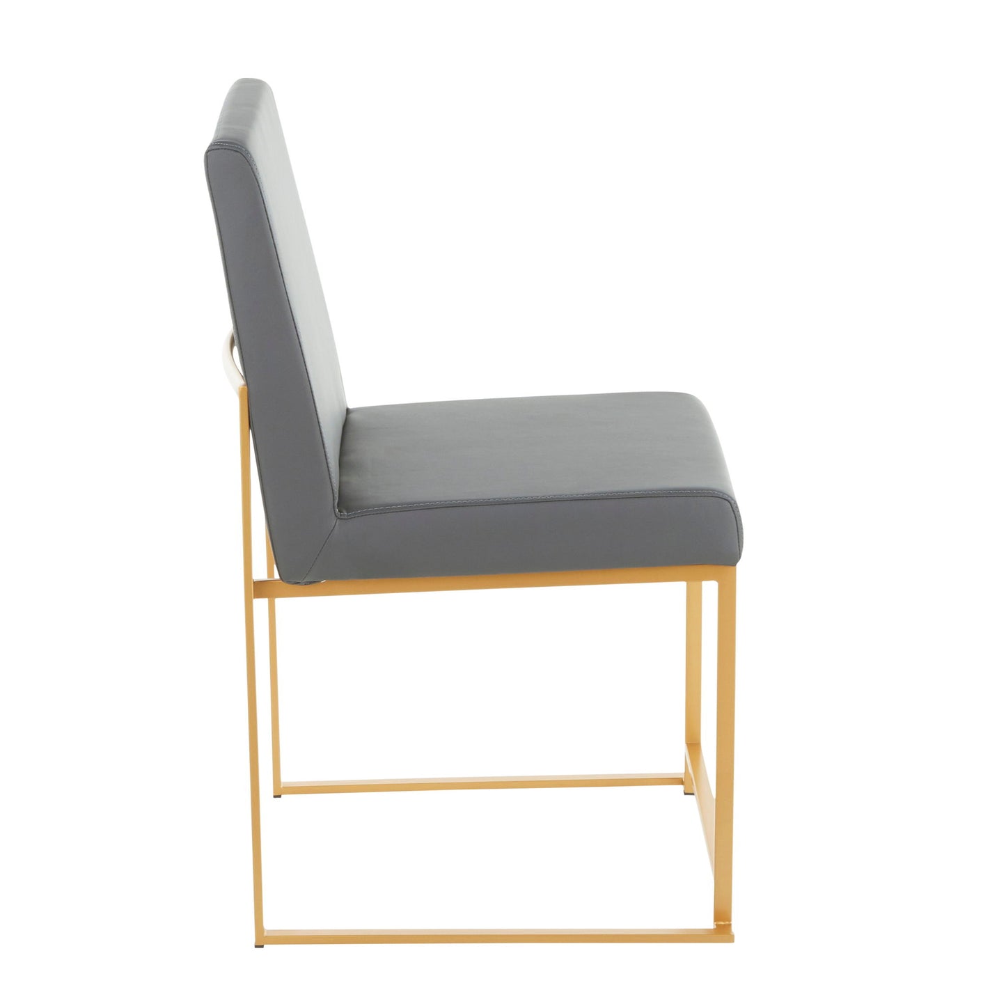 Side view of the Fuji - Contemporary Stylish Frame, High Back Dining Chair (Set of 2) featuring a grey cushioned seat and backrest on a sleek gold metal frame with a minimalistic, open design.