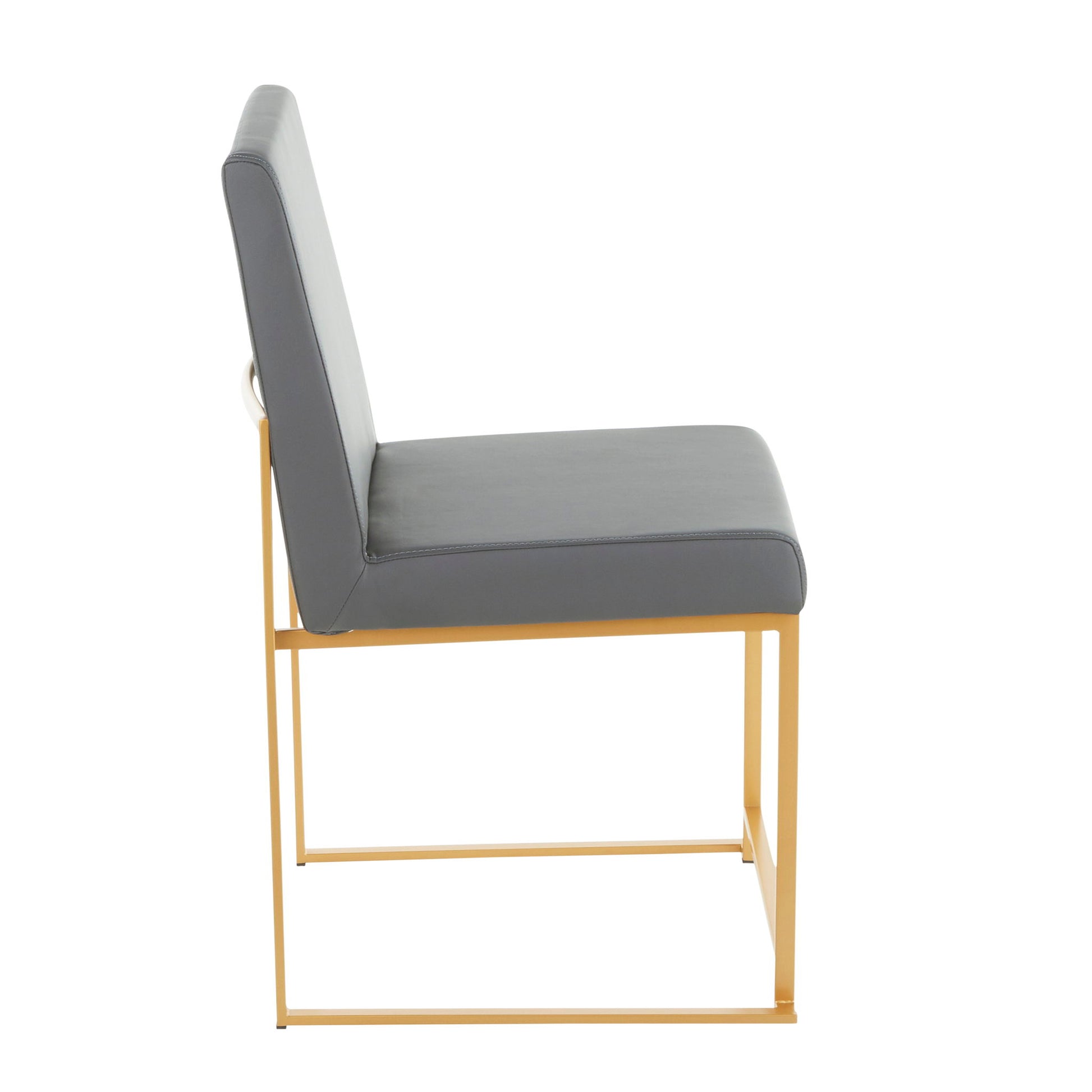 Side view of the Fuji - Contemporary Stylish Frame, High Back Dining Chair (Set of 2) featuring a grey cushioned seat and backrest on a sleek gold metal frame with a minimalistic, open design.