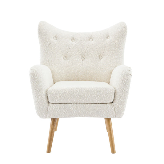 The Mid-Century Modern Arm Chair features a wingback design, textured off-white upholstery, tufted backrest, rounded arms, and light wooden angled legs, displayed against a white background.