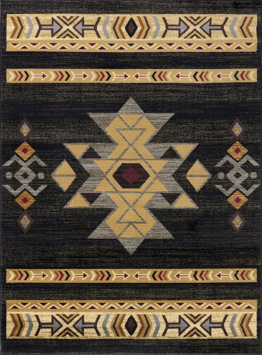 The Tribes - GC_YLS4004 Southwest Area Rug features geometric Southwestern patterns in gold, tan, red, and gray on black, with central diamond motifs, arrows, lines, and decorative borders at the top and bottom.