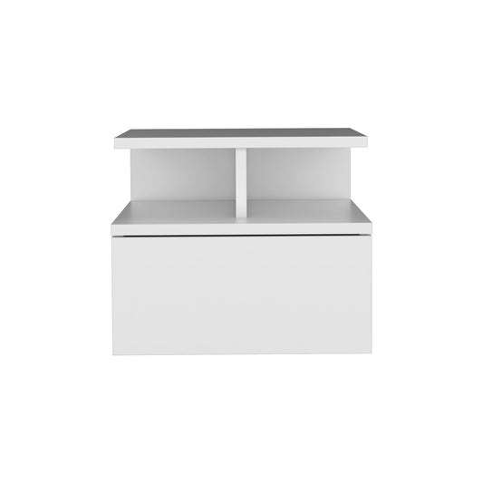 The Flopini Floating Nightstand is a compact, white unit with a minimalistic rectangular design. It features 1 drawer and an open shelf, offering modern storage for your space.