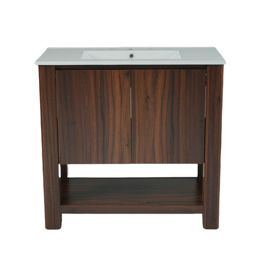 36" Modern Bathroom Vanity With Rectangle Ceramic Sink, Bathroom Cabinet And 45 Degrees Free Handle Design Soft Closing Doors, 1 Open Shelf At The Bottom - Dark Brown