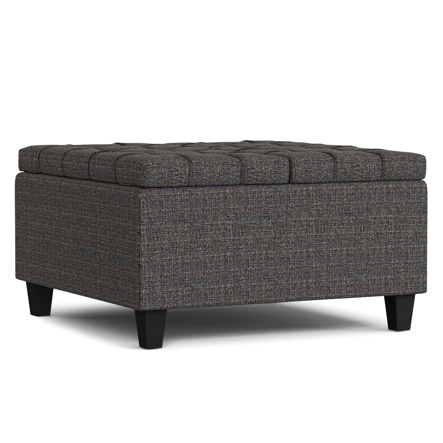 The Harrison Upholstered Coffee Table Storage Ottoman features a square, dark gray tufted design with short black legs, textured fabric, a cushioned top, and offers versatile use as seating, footrest, or storage.