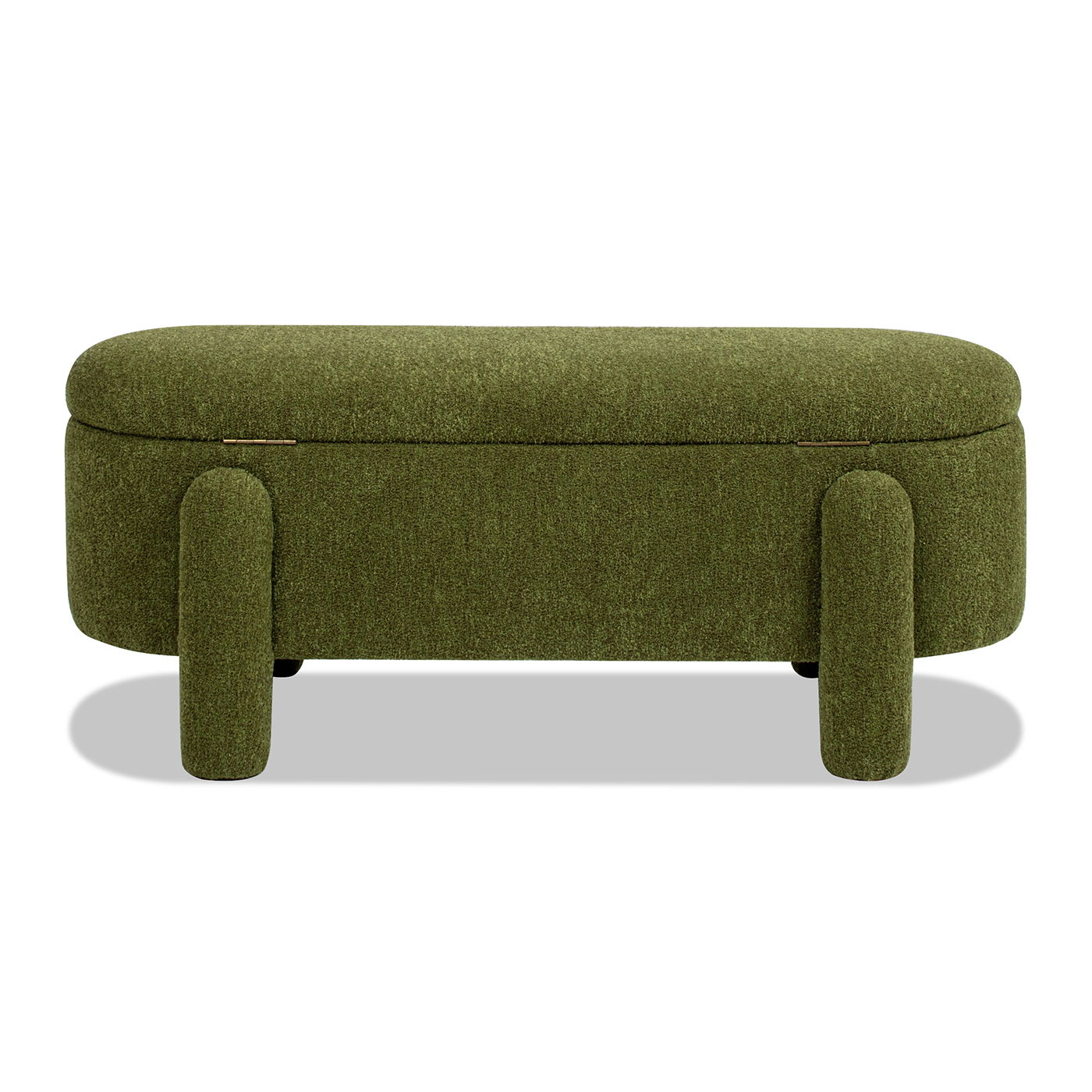 The Hugo - Oval Fully Upholstered Storage Bench in green features rounded edges and four thick cylindrical legs, displayed against a white background.