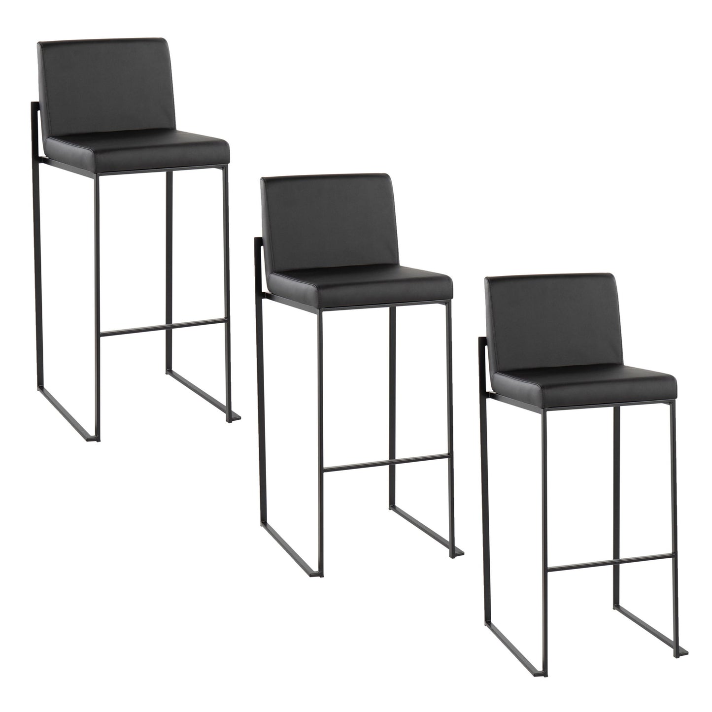 Three Fuji Contemporary High Back Barstools with elegant black seats and minimalist metal frames are arranged diagonally against a plain white background.