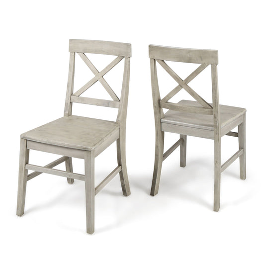 Set of two Plethora dining chairs with X-shaped backs and a weathered gray finish; one chair is shown facing forward, the other turned to display the back.