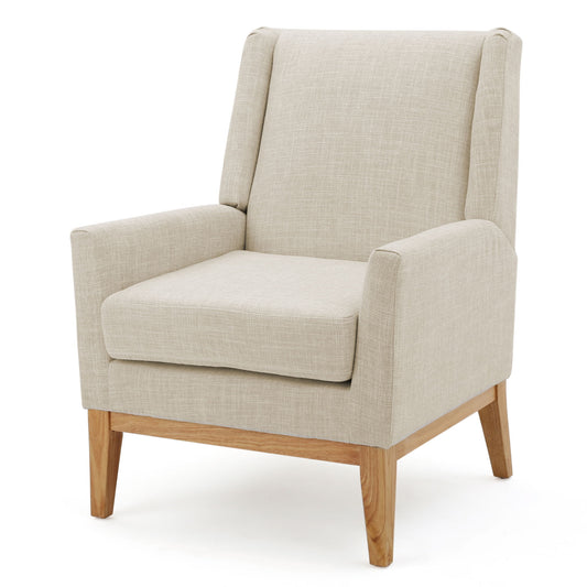 The Modern Accent Chair With Padded Cushion Seat features a beige upholstered design, wooden legs, high backrest, angled armrests, and a cushioned seat, shown against a white background.