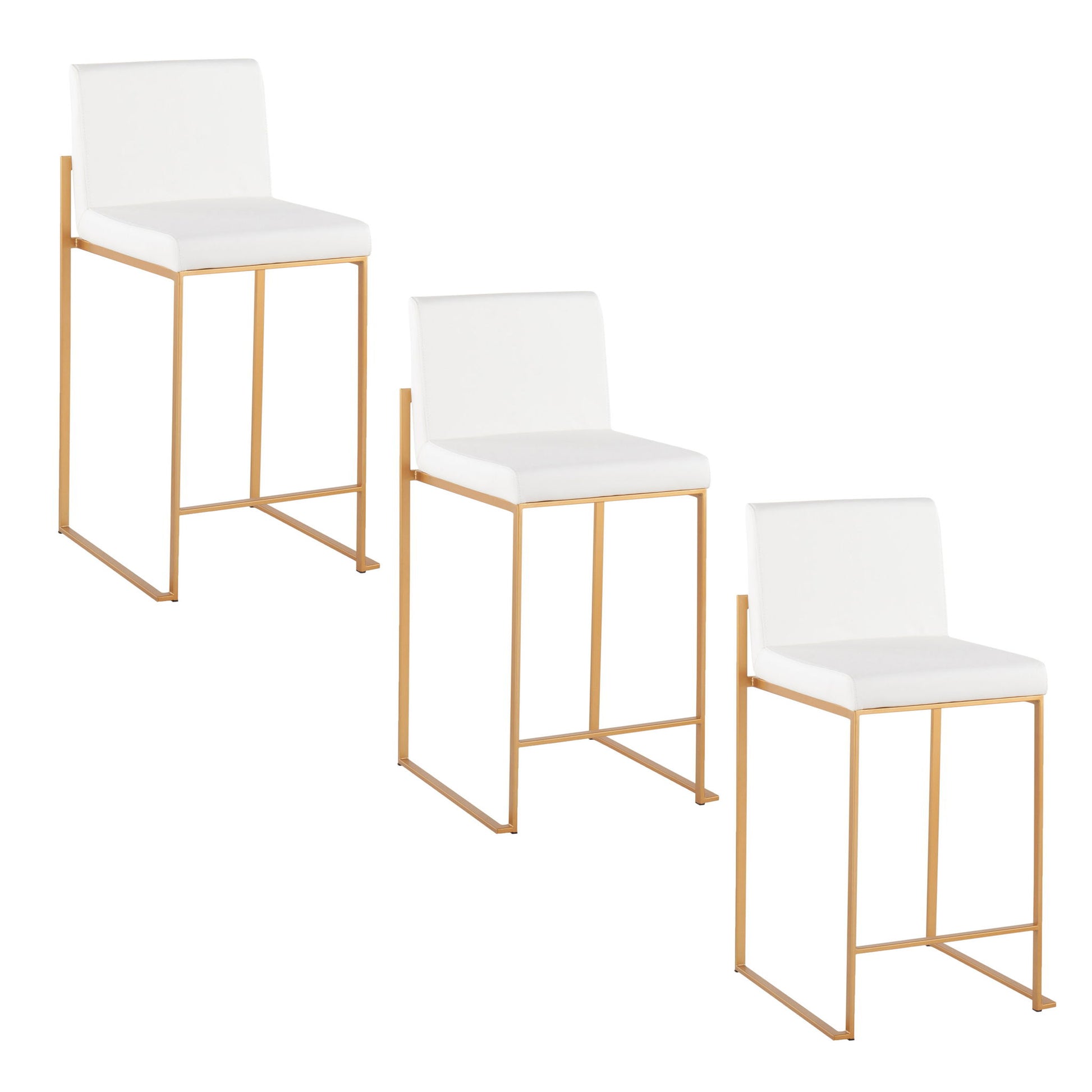 Three Fuji Contemporary High Back Stylish Counter Stools with white cushioned seats, sleek gold metal frames, and backs are arranged diagonally against a plain white background.