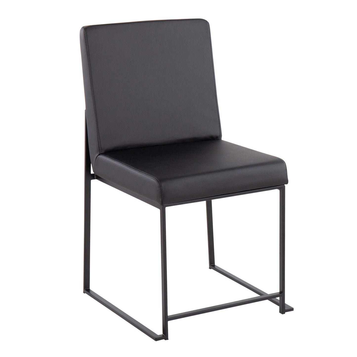 The Fuji High Back Dining Chairs (Set of 2) offer contemporary elegance with a modern black cushioned seat and backrest, supported by a minimalistic metal frame with sled-style legs.