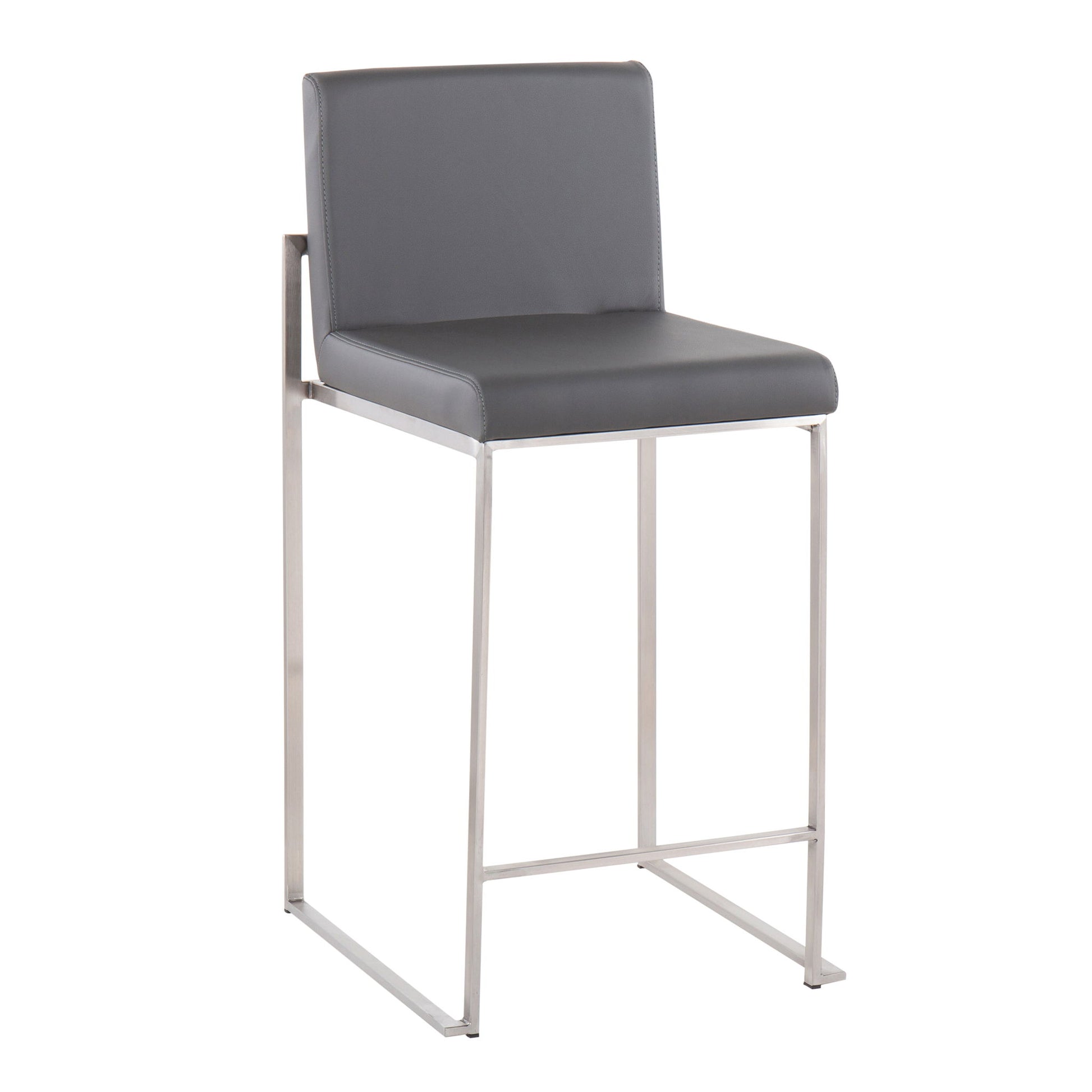 The Fuji Contemporary High Back Counter Stool features a gray cushioned seat and backrest, sleek metal frame with straight legs, and a functional design including a footrest.