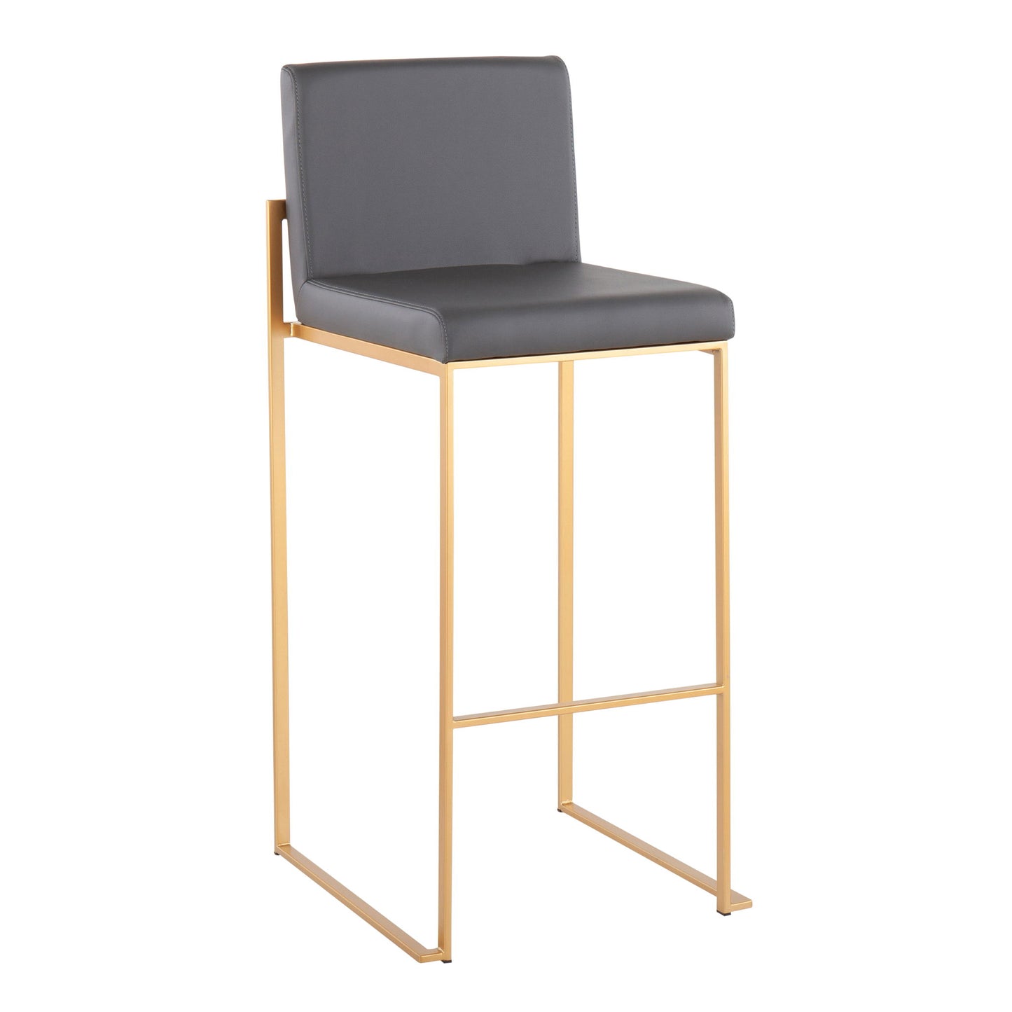 The Fuji Contemporary Design High Back Barstool (Set of 2) features a gray cushioned seat and backrest with a sleek gold metal frame and footrest, offering modern style for your space.