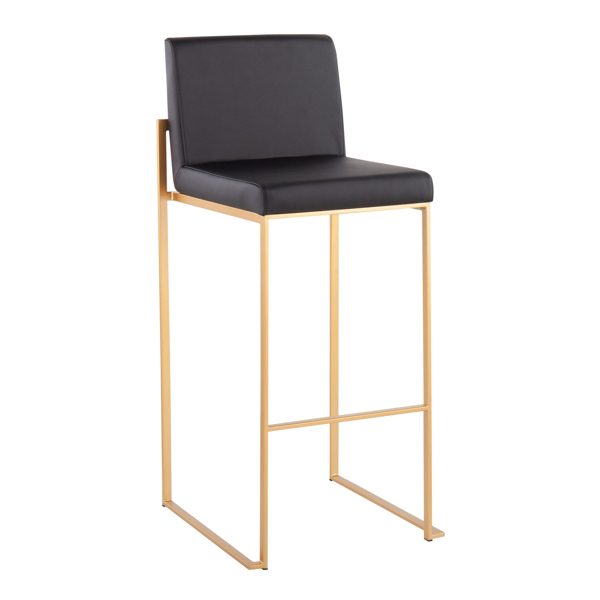 The Fuji - Contemporary Design High Back Barstool (Set of 2) features a black cushioned seat and backrest, a sleek gold metal frame with footrest, and clean lines for a minimalist, modern look.