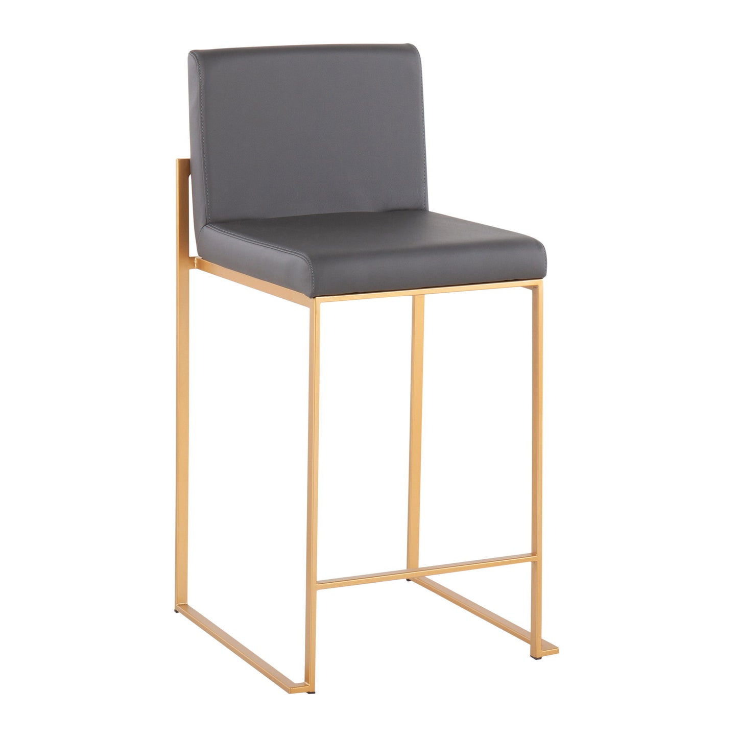 The Fuji Contemporary High Back Stylish Counter Stool features a gold metal frame and padded dark gray seat and backrest, offering clean lines and a minimalist design.