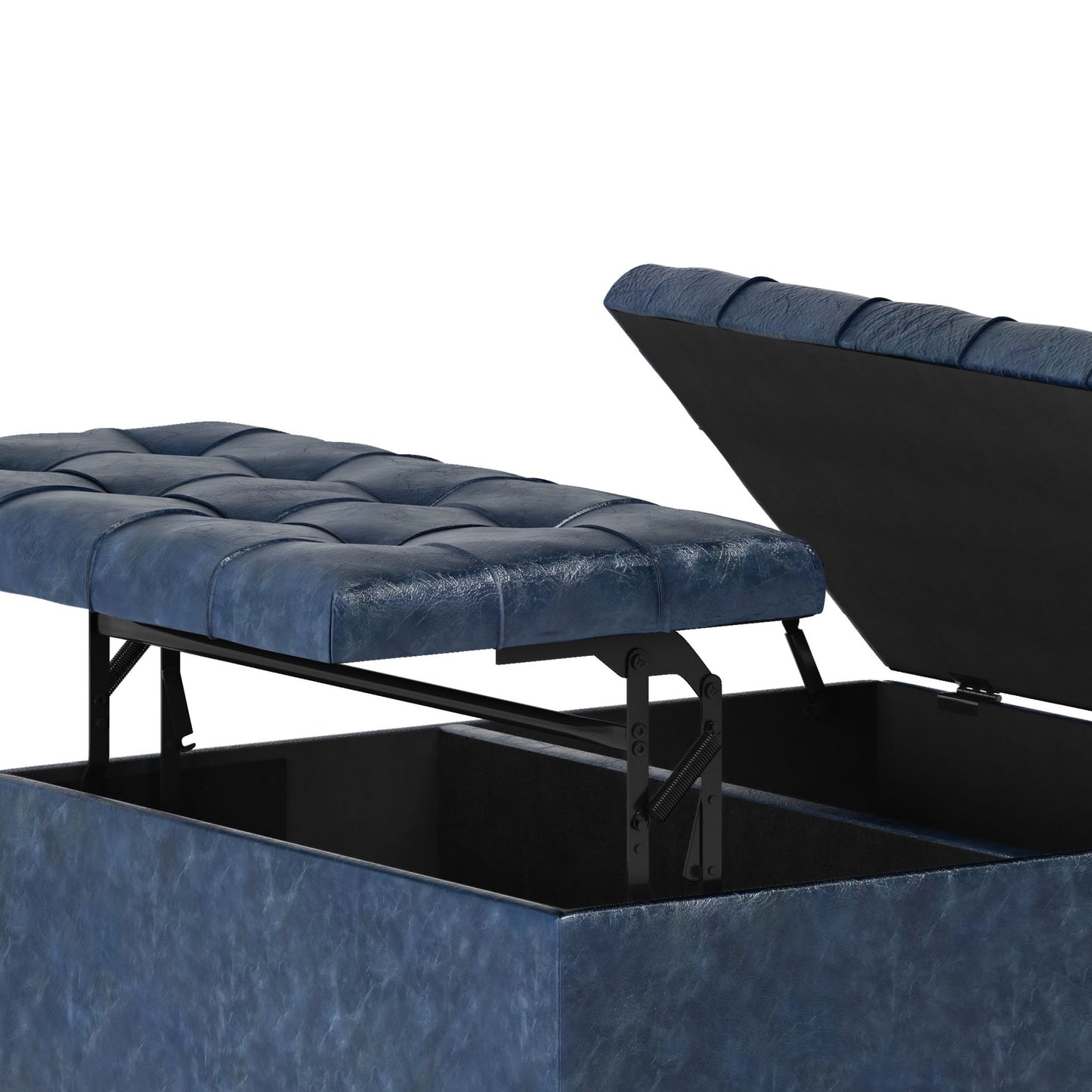 A close-up of the Harrison - Upholstered Coffee Table Storage Ottoman in blue shows its tufted top partially lifted, revealing spacious internal storage and a sturdy metal lift mechanism.