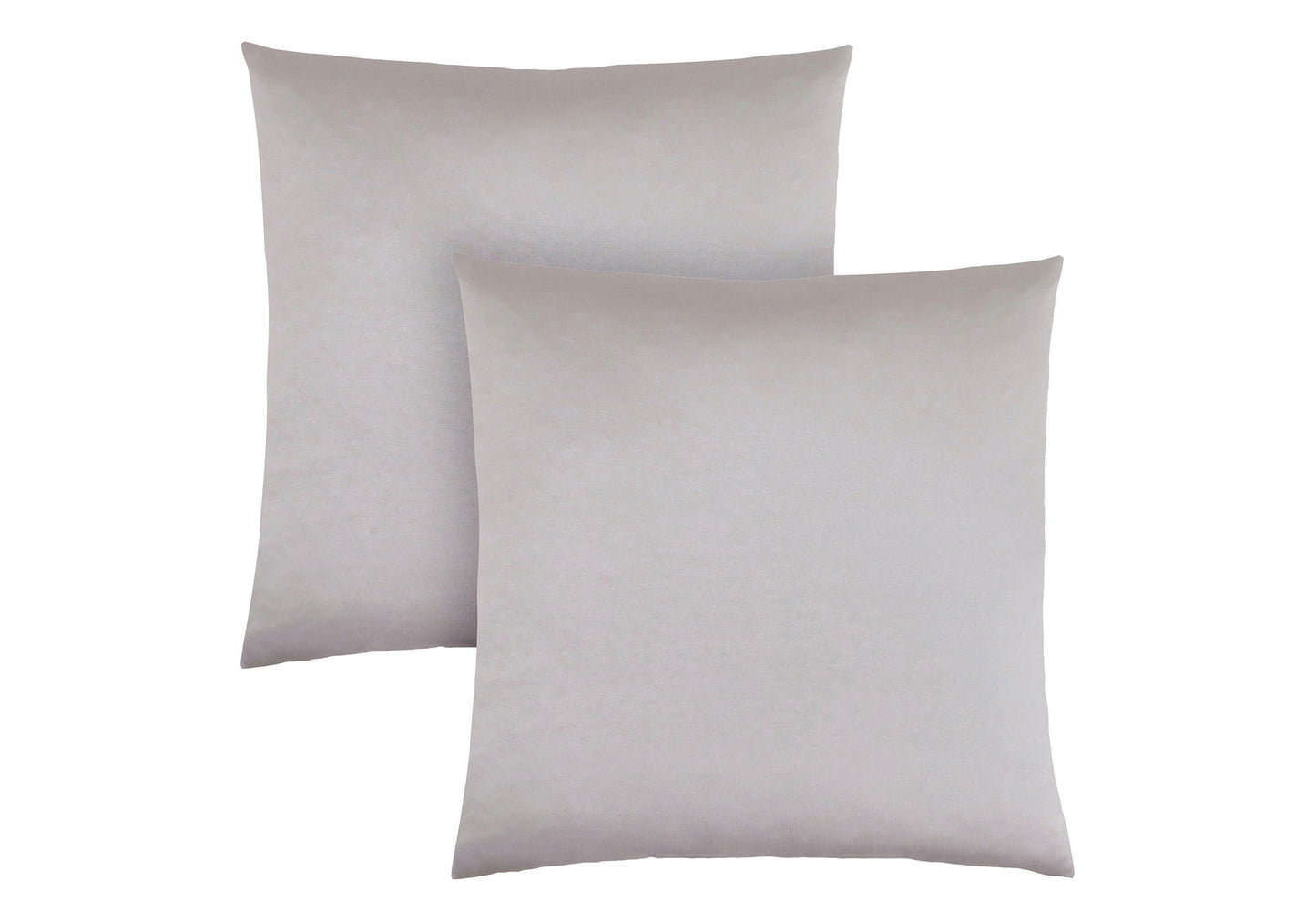Two modern decorative square throw pillows with insert included, in light gray hypoallergenic fabric, are placed side by side against a white background.