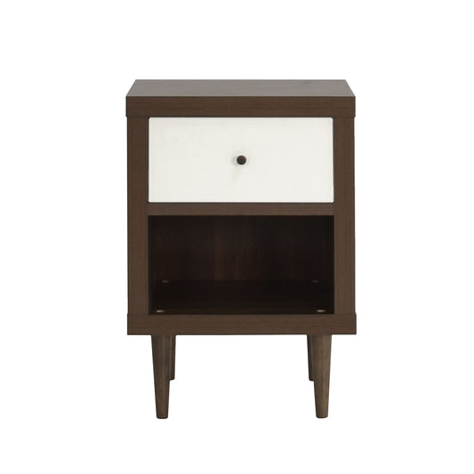 The Nystrom Single Drawer Nightstand features modern angled legs, a white drawer with a round dark knob, and an open lower shelf, all set against a white background.