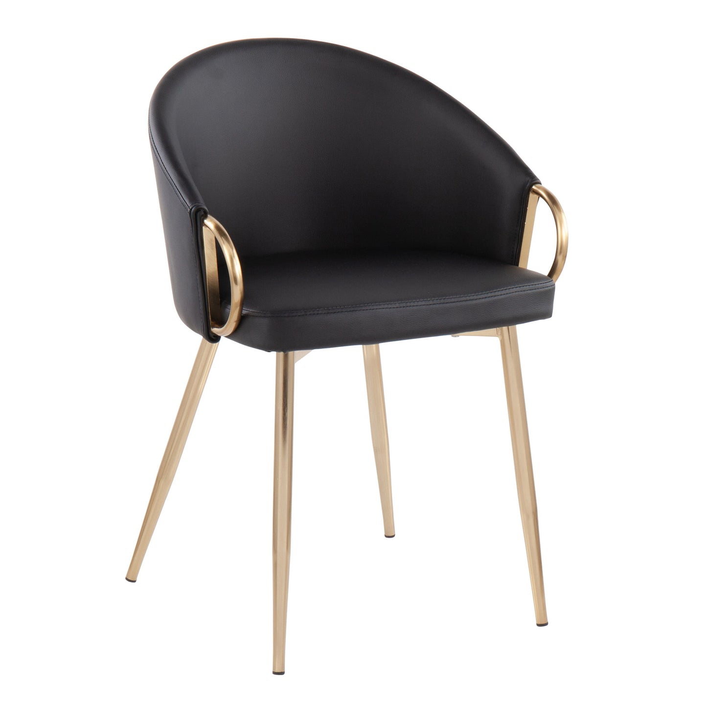 The Claire - Contemporary Glam Chair features a curved black upholstered backrest and seat, complemented by gold metal legs and matching gold armrests.