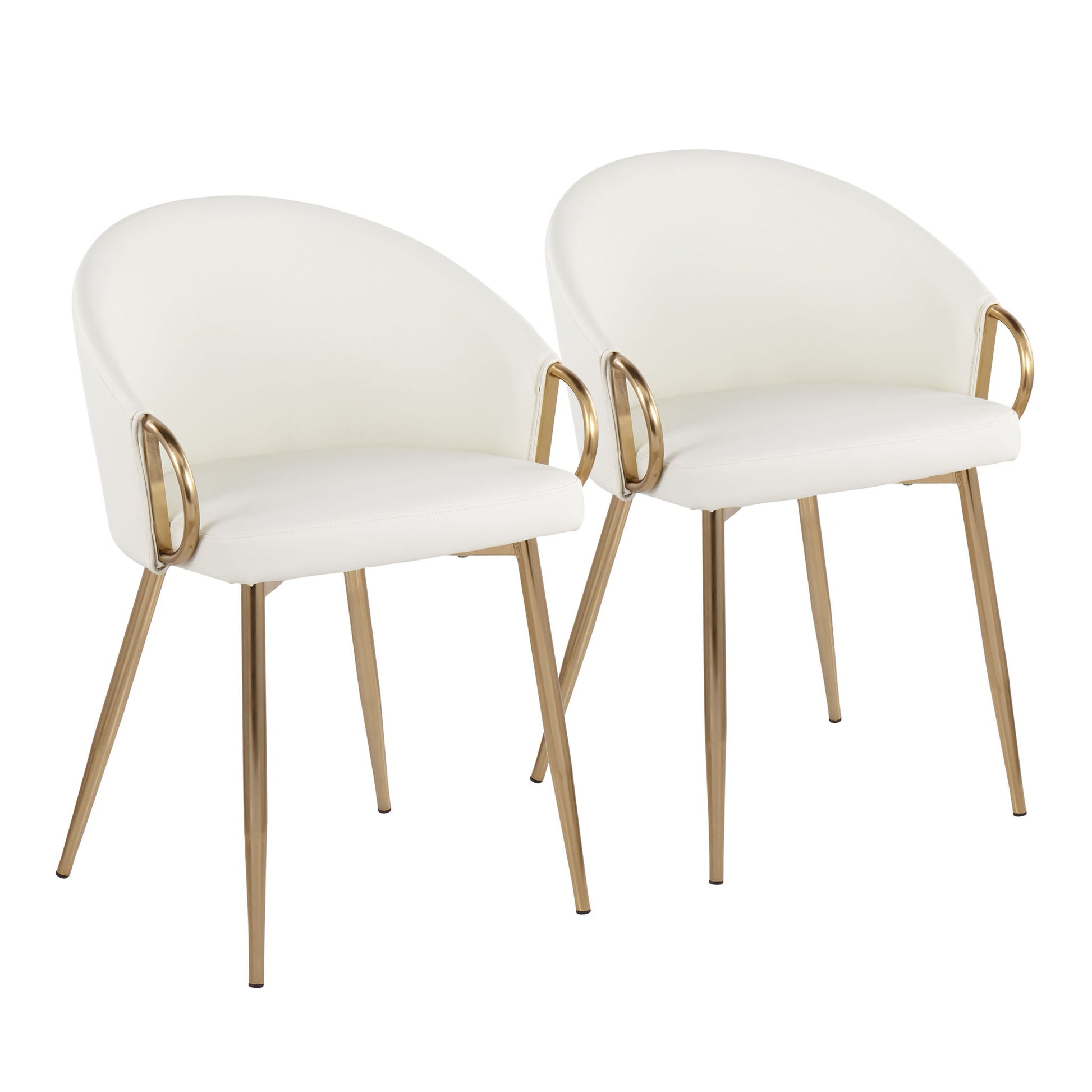 Two Claire - Contemporary Glam Chairs with white upholstered seats and backs, curved gold metal armrests, and four slender gold legs are displayed against a plain white background.