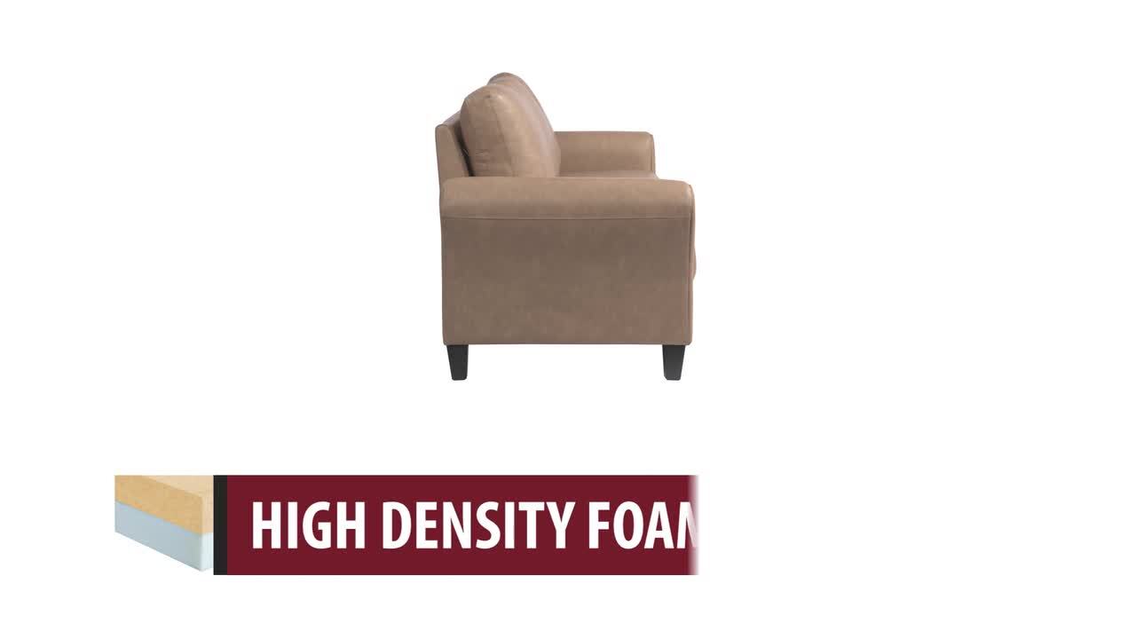A dark grey polyester 3-seater sofa (Lifestyle Solutions Wesley) is shown from the side with dark wooden legs. “HIGH DENSITY FOAM” appears at the bottom, alongside a small foam material illustration on the left.