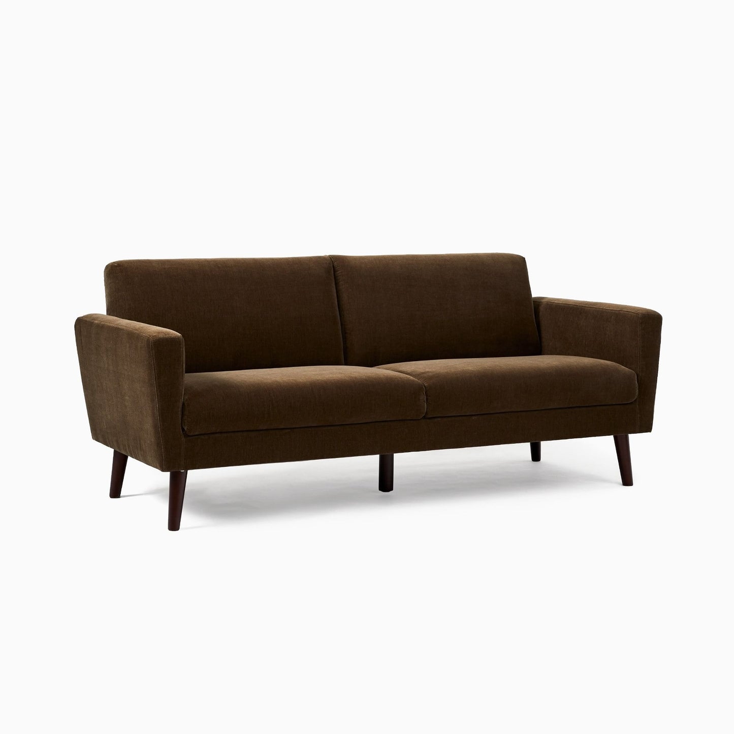 The Oliver Sofa is a brown, modern piece featuring clean lines and wooden legs, situated against a plain white background. It boasts a simple, minimalistic design with two seat cushions and a low backrest.