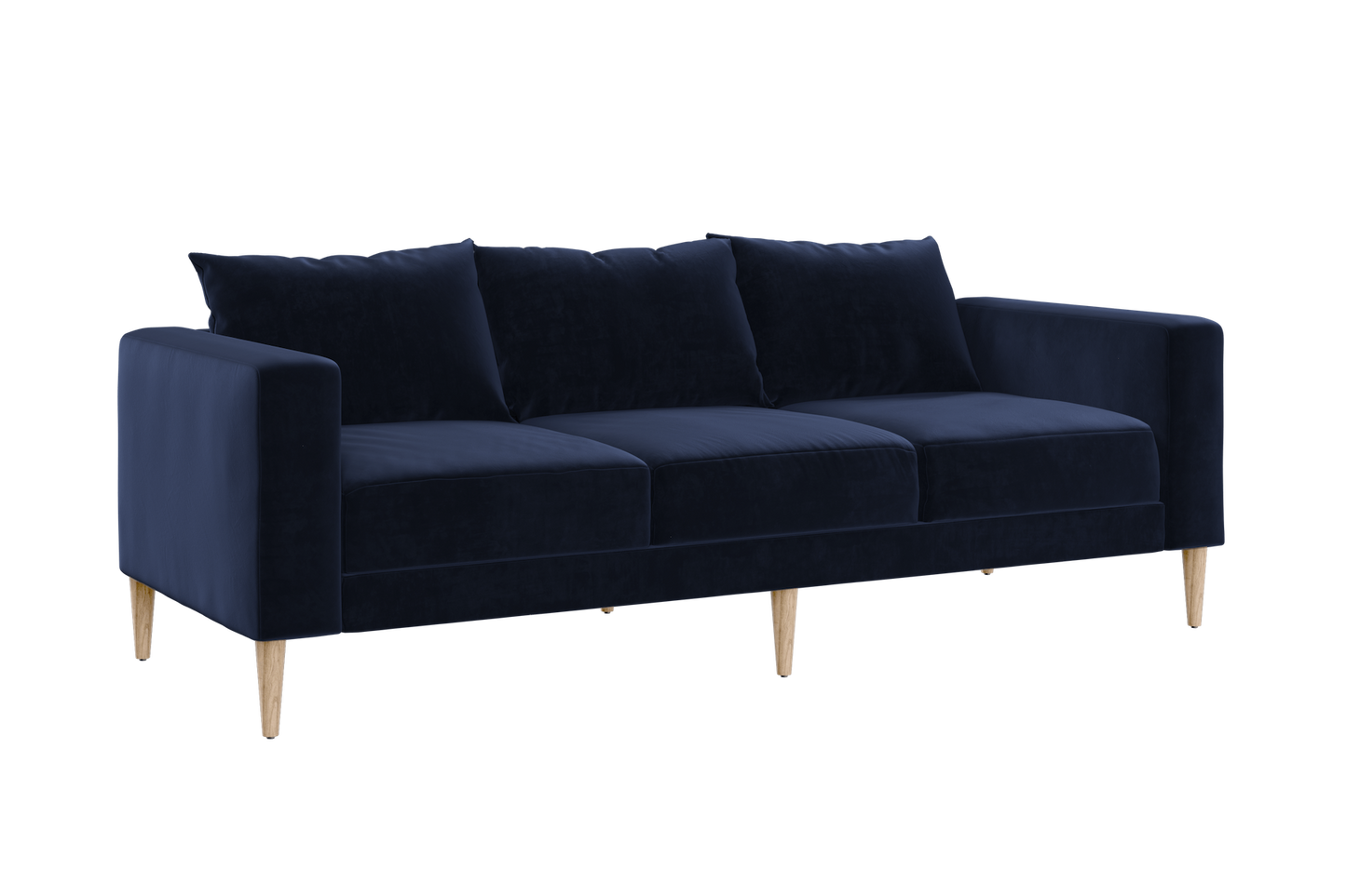 The Essential Sofa features a sleek, modern design with navy blue velvet upholstery, three cushions, and wooden legs, all set against a white background.