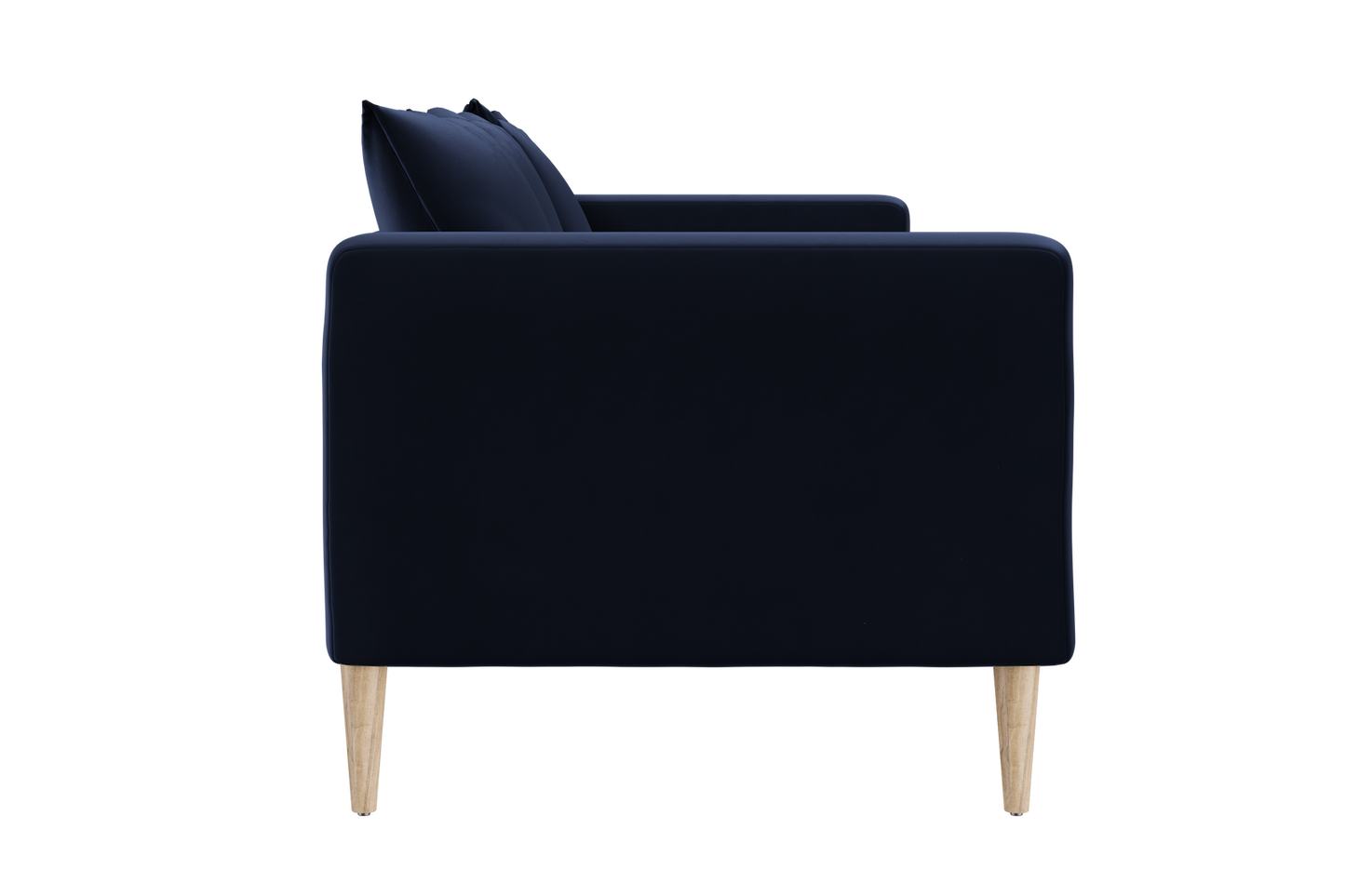 Side view of The Essential Sofa, showcasing its modern design in dark blue with clean lines and two plush cushions. It features sleek, light wooden legs, enhancing its elegant and contemporary appearance.