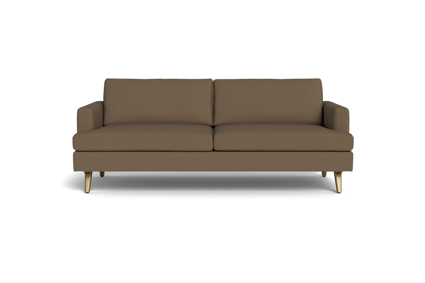 The Lido Sofa 75" is a modern brown fabric sofa with two seat and back cushions, narrow armrests, and short gold legs, displayed against a plain black background.