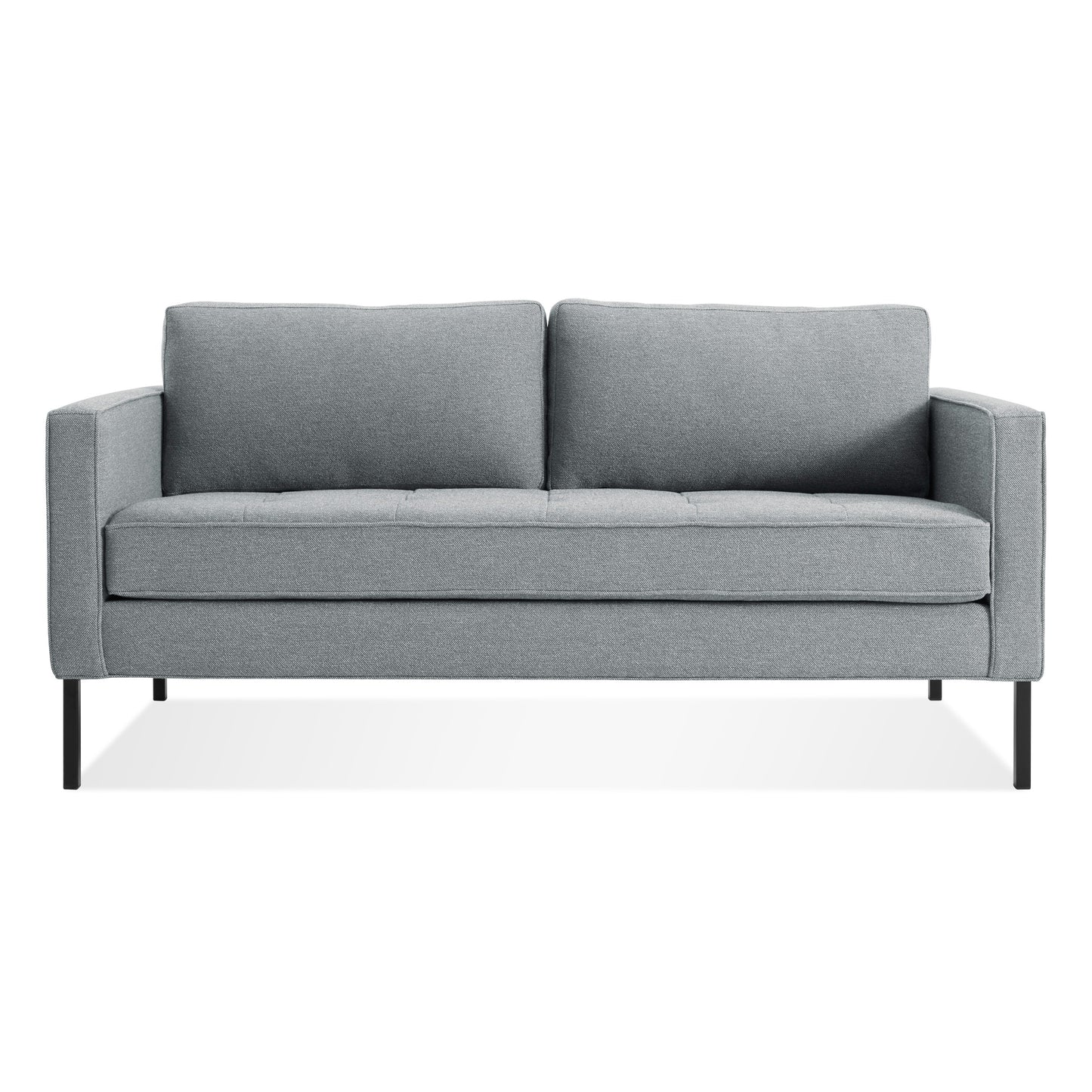 The Paramount Studio Sofa in Sanford Ceramic features a gray modern three-seater design with straight arms and black metal legs, displayed against a plain white background.