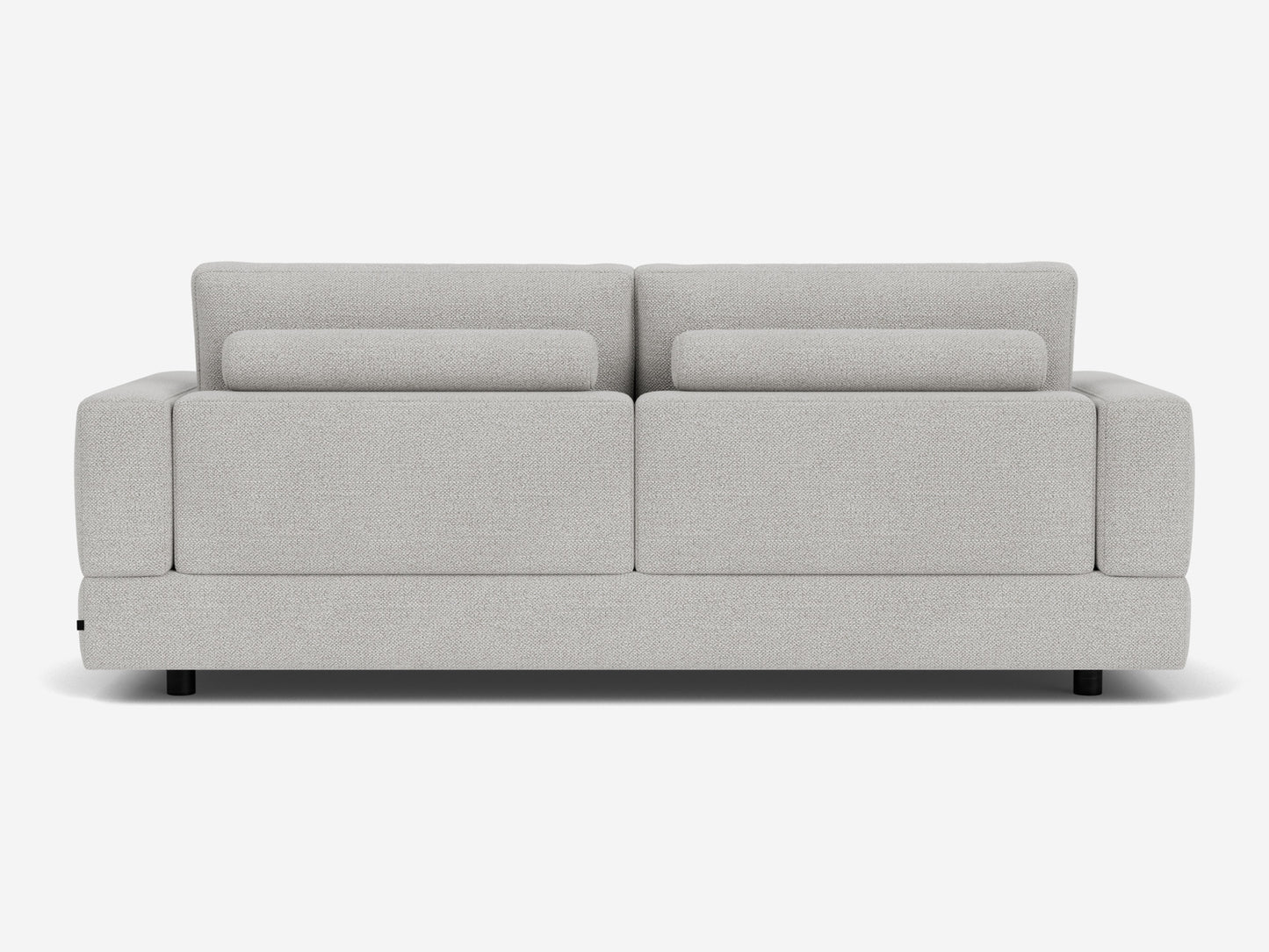 The Stage Track Sofa features a modern, light gray design with a minimalist aesthetic. It has a rectangular shape, two attached back cushions, and short black legs. The upholstery is soft and textured, making it an excellent addition to any contemporary living space.