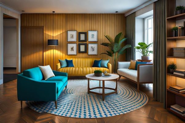 A cozy living room featuring a teal sofa, a yellow couch, and a white armchair around a round coffee table with a blue and white patterned rug. The wooden paneled wall has framed art, and shelves with books and plants add greenery and texture.