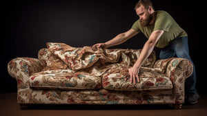Giant man with a beard reupholstering a couch