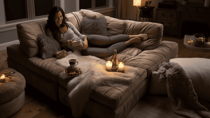 A beautiful woman lounging on a cozy lovesac sofa at night with candles and a blanket