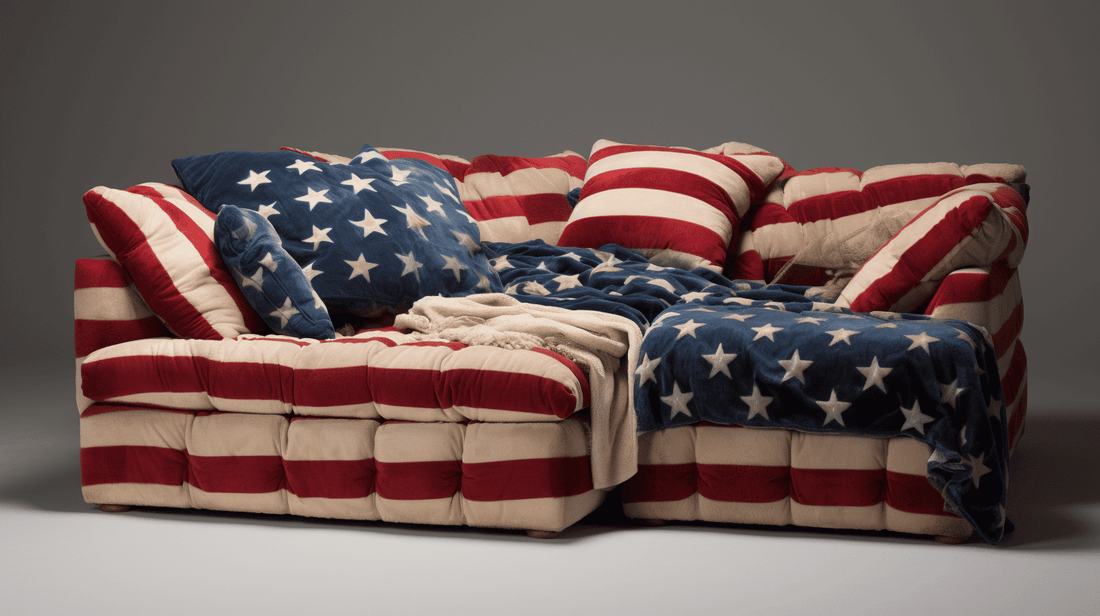 A sofa wrapped in an American flag fabrics
