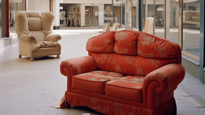 An empty furniture store with the worst two pieces in the store left to sell