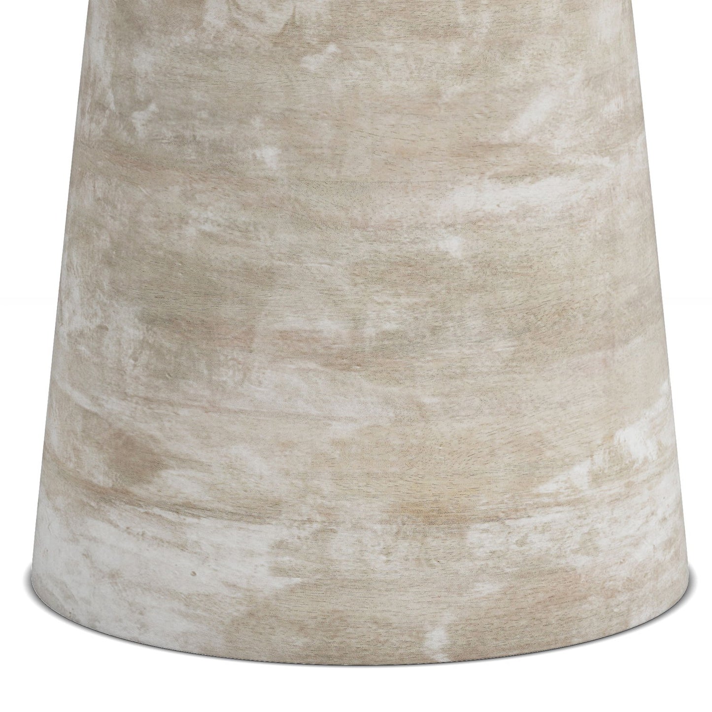 A close-up of the Robbie - Handcrafted Accent Table shows its wide, cylindrical beige and off-white base with a textured, marbled surface and a slightly flared bottom.