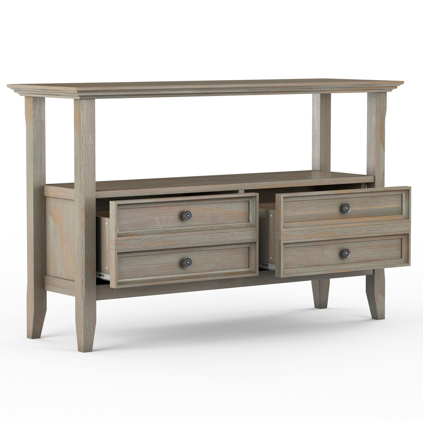 The Amherst - Console Sofa Table, Handcrafted, features a natural wood finish, four tapered legs, an open shelf, and four drawers—two partially open—offering both style and functional storage.