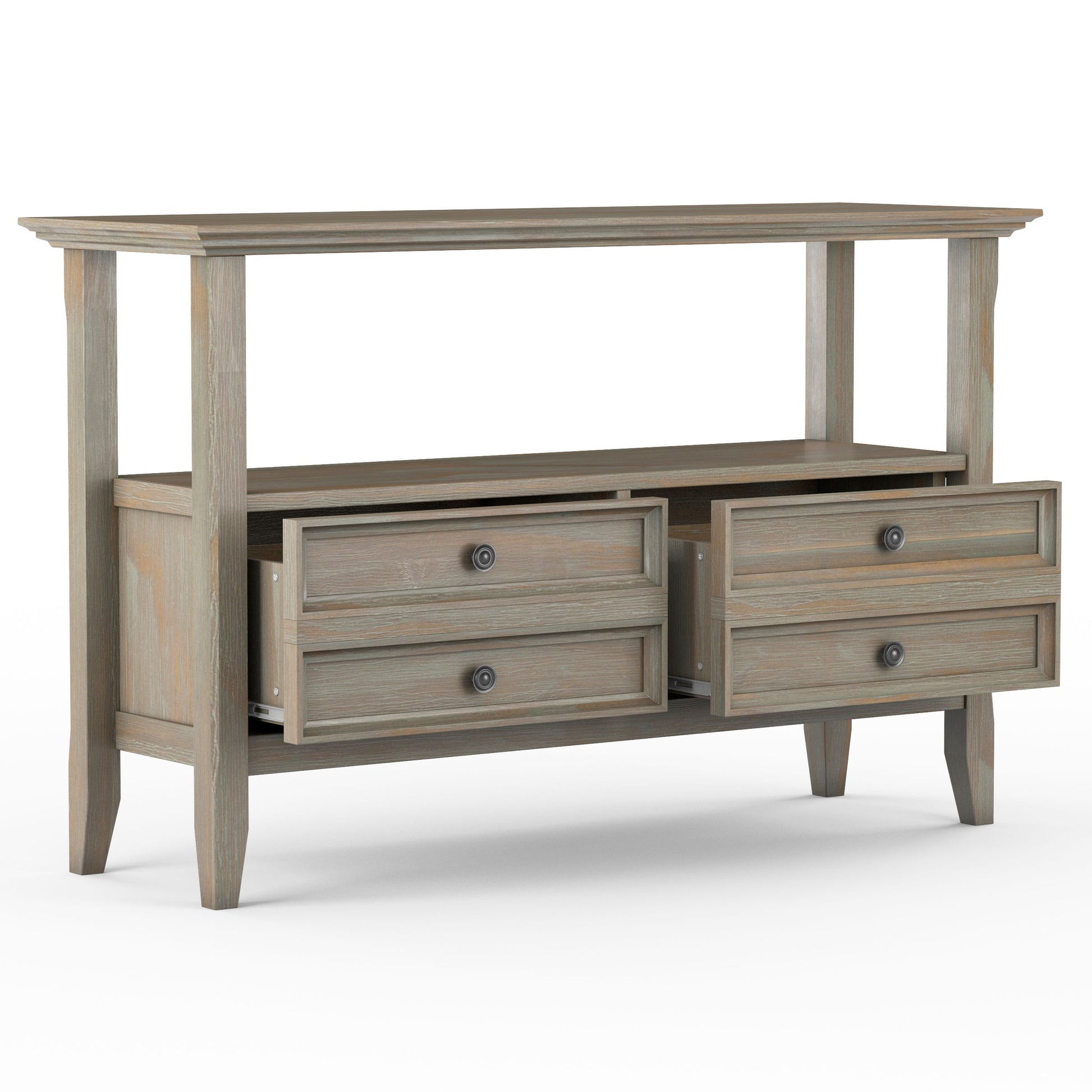 The Amherst - Console Sofa Table, Handcrafted, features a natural wood finish, four tapered legs, an open shelf, and four drawers—two partially open—offering both style and functional storage.